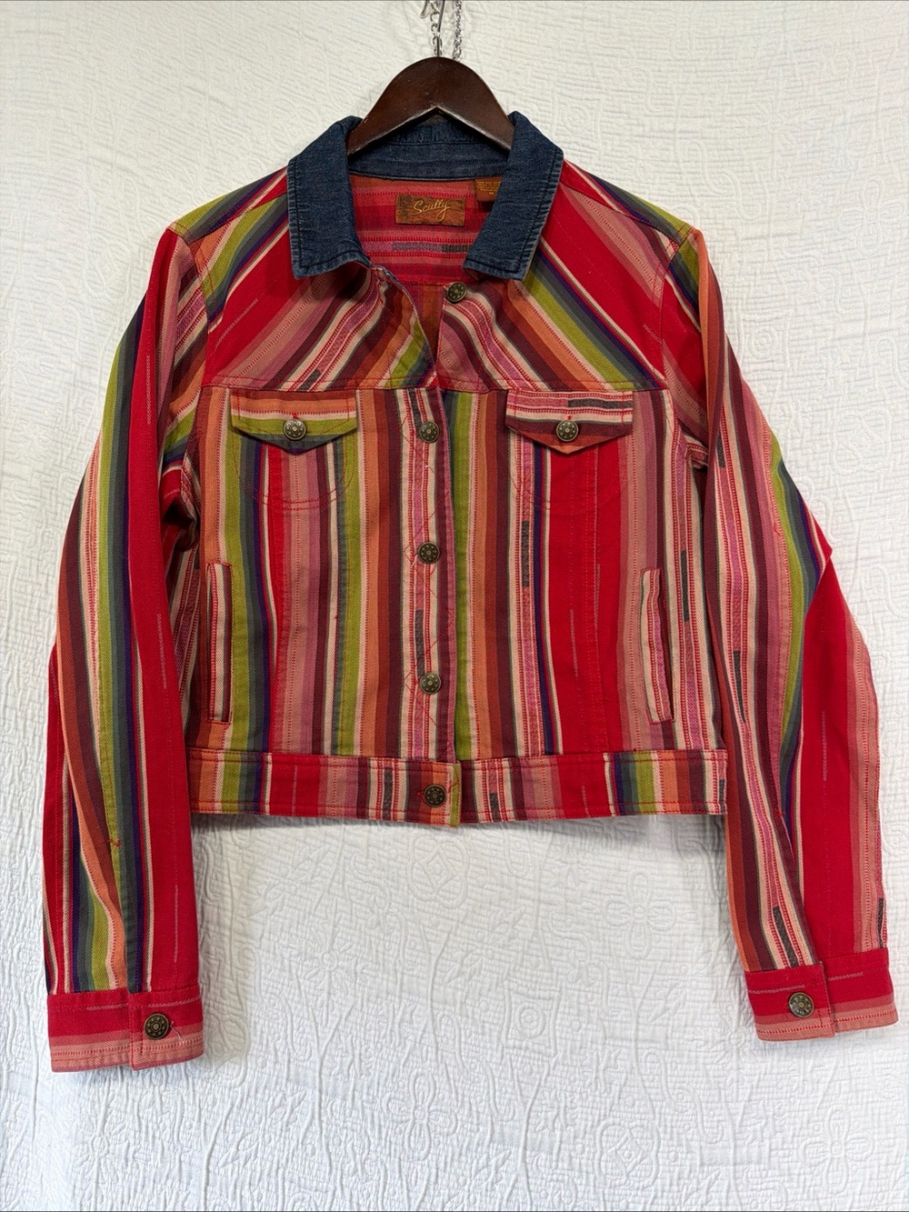 Scully Western Retro Jacket Womens Medium Red Stripe Jean Collar Light Cotton M